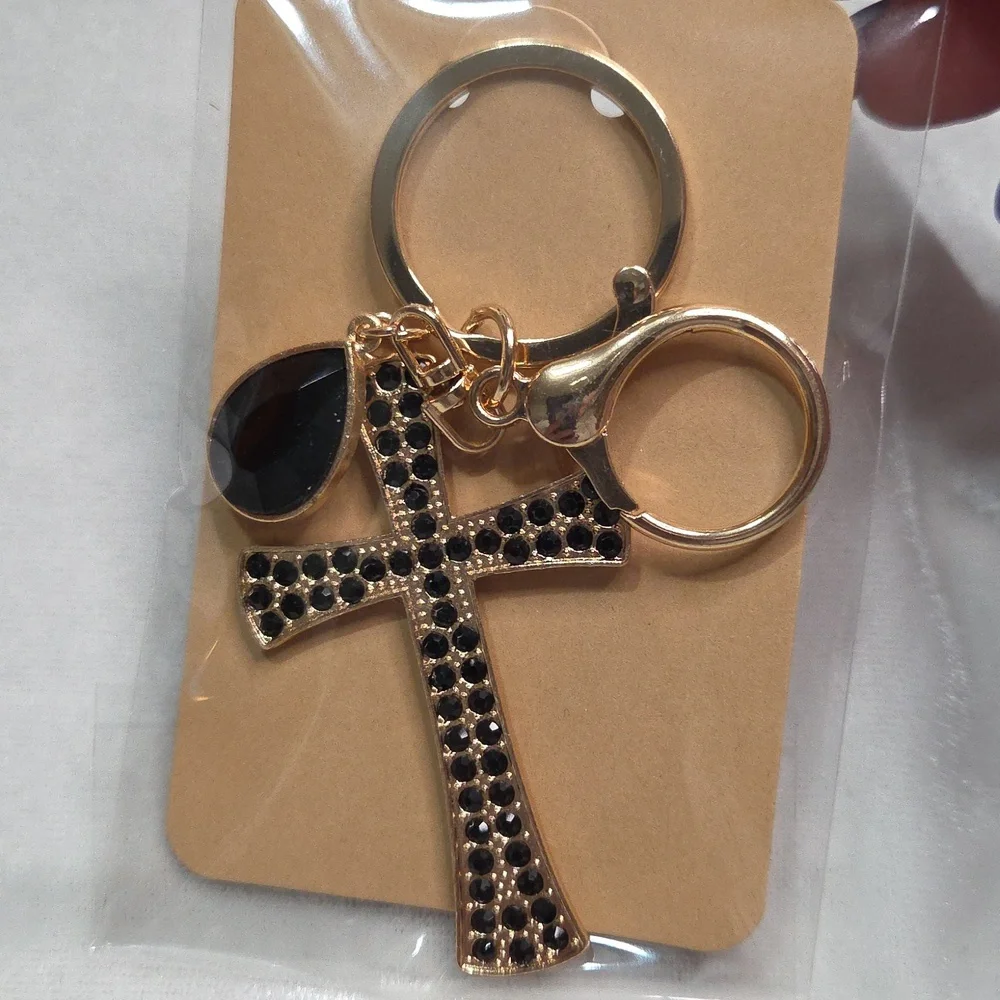 Ladies Black Cross Keychain Bag Charm Purse Charm Rhinestones Crystals Key Ring